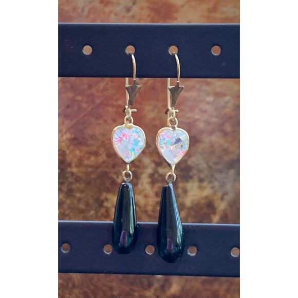 14K Gold, Black Onyx and Heart Shaped Cubic Zirconia Dangle Earrings Vintage - Picture 2 of 6